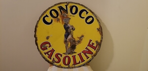 Double-sided 1920s Vintage Conoco Gasoline Minuteman Porcelain Sign
