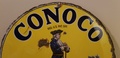 DT: Double-sided 1920s Vintage Conoco Gasoline Minuteman Porcelain Sign