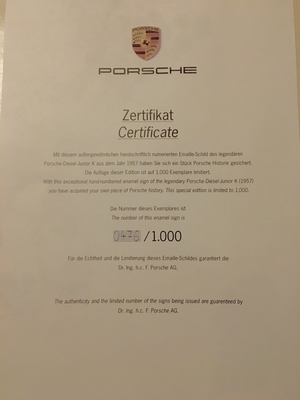Limited Production Enamel Porsche Junior K Diesel Sign (24” x 16”)