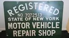  Vintage New York State Registered Motor Vehicle Repair Shop Sign