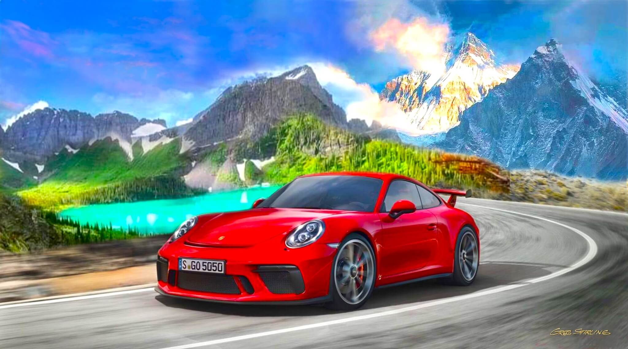 "Porsche 911 GT3 Mountain Drive" Painting by Greg Stirling (52" x 29")